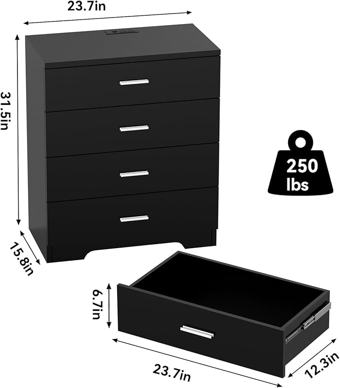 Dresser with Power Outlets Wooden 4 Drawer Dresser with USB and Type C Port Chest of Drawers for Bedroom Tall Black Organizer Storage for Living Room Hallway Closet-CubbioJoy