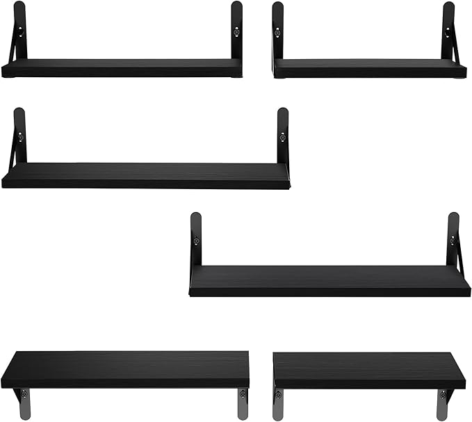 AMADA HOMEFURNISHING Wall Shelves Set of 6, Wood Floating Shelves for Decor, Rustic Farmhouse for Bedroom, Bathroom Storage, Book Shelves for Living Room, Black-CubbioJoy