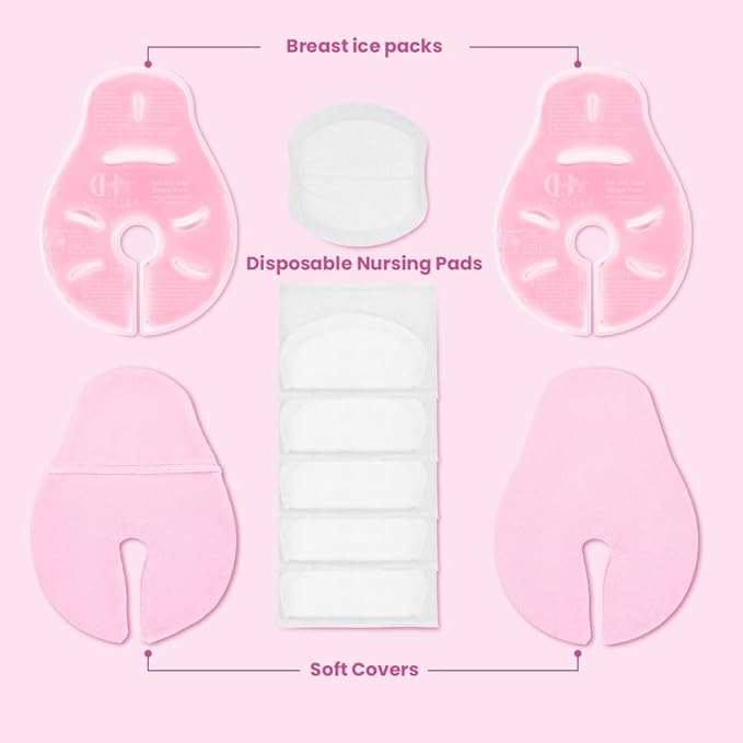 2 Larger Breast Ice Packs with Soft Covers and 6 Breast Pads for Leaking Milk, Hot and Cold Breast Therapy Packs, Breastfeeding Essentials for Relief of Clogged Ducts, Nipple Pain, Engorgement(Pink)-CubbioJoy