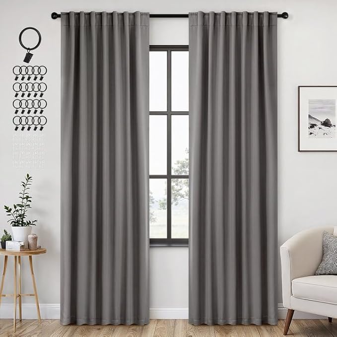 ANRODUO Back Tab Blackout Curtains for Bedroom Living Room, Rod Pocket Pinch Pleated Thermal Insulated Room Darkening Curtains 90 Inches Long 2 Panels, Grey, 52 x 90 Inch-CubbioJoy