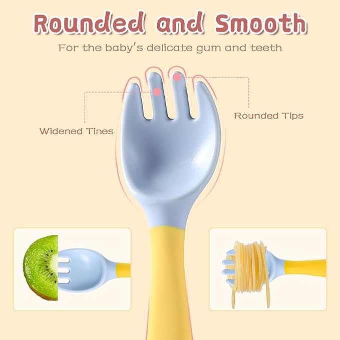 Baby Utensils Spoons and Forks Set Bendable Self-Feeding Silverware for Toddler Children with Travel Case Gum Friendly Food Grade (Yellow+Green, 2 Set)-CubbioJoy