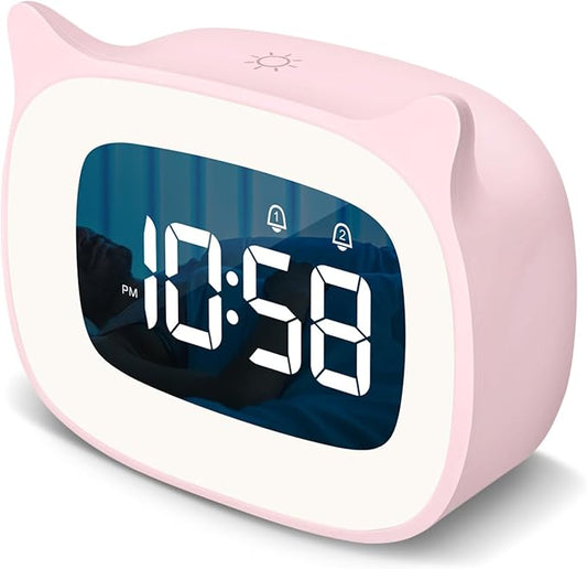 Kids Alarm Clock with Night Light & 18 Ringtones,Rechargeable,Cute Cat Ear Clock for Boys Girls Birthday Presents,Digital Clock for Children's Bedroom(Pink)-CubbioJoy