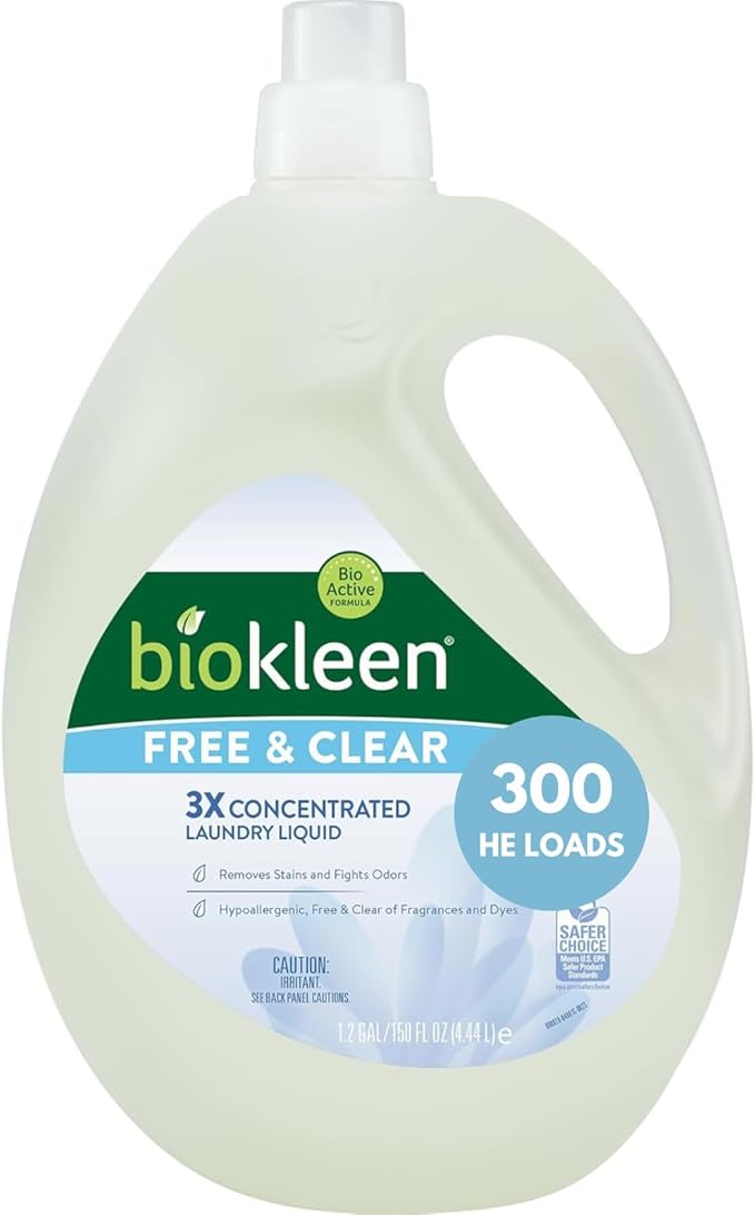 Biokleen Free & Clear Natural 3X Concentrated Liquid Laundry Detergent, 300 Loads, Plant-Based, Hypoallergenic, Removes Stains & Fights Odors, Dye Free, Unscented-CubbioJoy