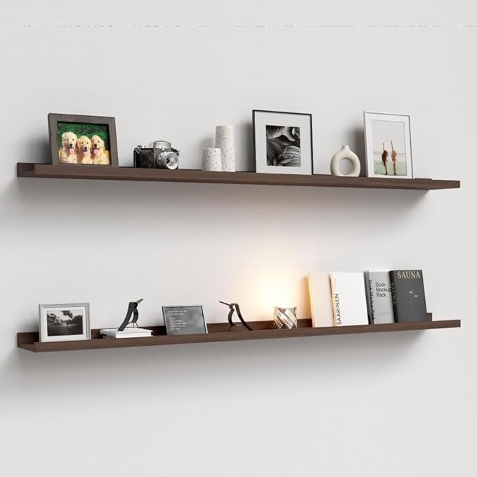 55.1 Inches Long Floating Shelves, 2 Set Rustic Wall Shelf for Bedroom, Nursery Book Shelf with Lip, Picture Ledge Shelf for Living Room, Bathroom, Kitchen - Walnut-CubbioJoy