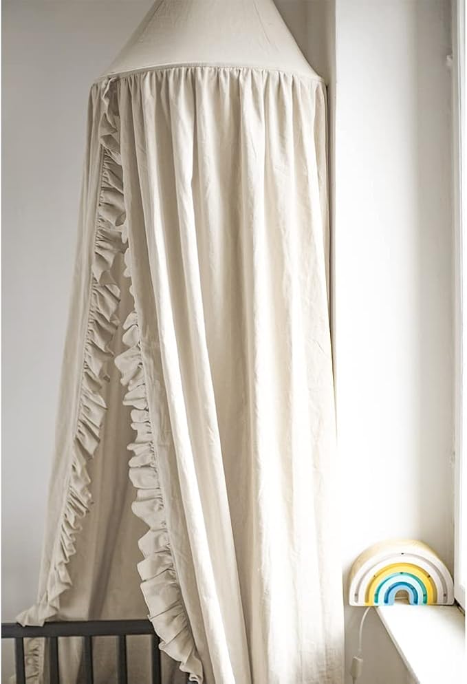Bed Canopy with Frills Reading Nook Game Tent for Kids Boho Hanging Net Play Room Decor(Beige)-CubbioJoy