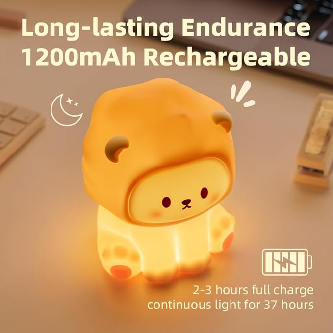 Cute Lion Night Light for Kids, Rechargeable Nursery Lamp with Timer, 3 Brightness Levels & Warm Light, Soft Silicone Baby Night Light, Tap Control, Gift for Toddlers-CubbioJoy