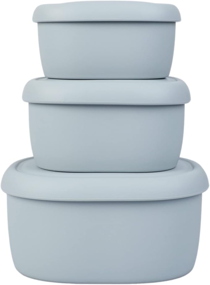 BLUE GINKGO Nesting Silicone Containers - Set of 3 Hard-Shell Silicone Food Storage Containers | BPA Free, Airtight, Dishwasher and Freezer Safe (6.7oz, 10oz, 20oz) - Grey-CubbioJoy