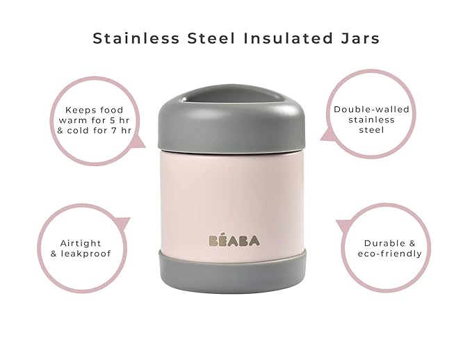 Beaba Stainless Steel Insulated Food Jar 10 oz, Kids Thermos, Lunch Containers, Leakproof, Wide Opening, Suitable for Hot and Cold Foods (Sage)-CubbioJoy