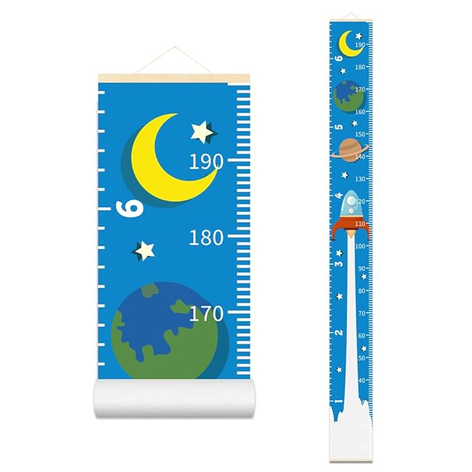 Baby Height Growth Chart - Canvas Height Chart for Kids Baby Child Toddler Boys Girls Growth Chart for Wall Room Nursery Decor Hangable and Removable Measuring Wall Ruler (Rocket, Beige Wood)-CubbioJoy