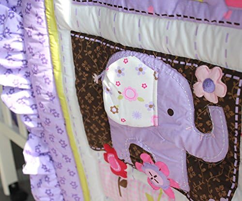 Brandream Crib Bedding Set 3 Pieces Purple Baby Girls Cotton Patchwork Flowers Elephant Owl Nursery with Ruffle Design, Princess Lovely Cute Breathable Healthy-CubbioJoy