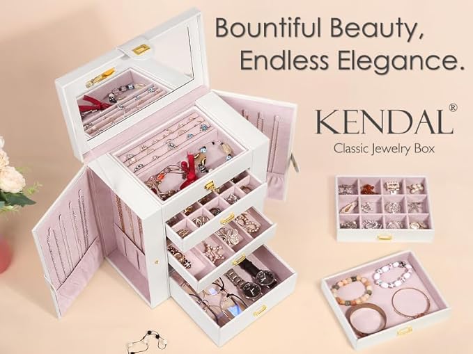 Kendal Extra Large Jewelry Box Jewelry Case PU Leather 6 Tier 5 Drawers Large Storage Capacity with Mirror Jewelry Storage Organizer Great Gift Also Good For Watches LJC-SHD5CM(White)-CubbioJoy