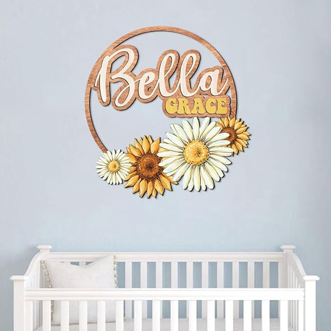Custom wooden nursery name sign, Boho nursery wood 2 layer, Floral nursery name sign for girls, Daisy Sunflower Baby name signs for nursery, Wood name signs, Baby shower, Nursery decor flower gift/18-CubbioJoy