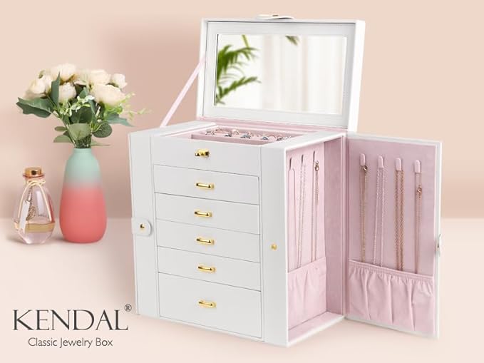 Kendal Extra Large Jewelry Box Jewelry Case PU Leather 6 Tier 5 Drawers Large Storage Capacity with Mirror Jewelry Storage Organizer Great Gift Also Good For Watches LJC-SHD5CM(White)-CubbioJoy