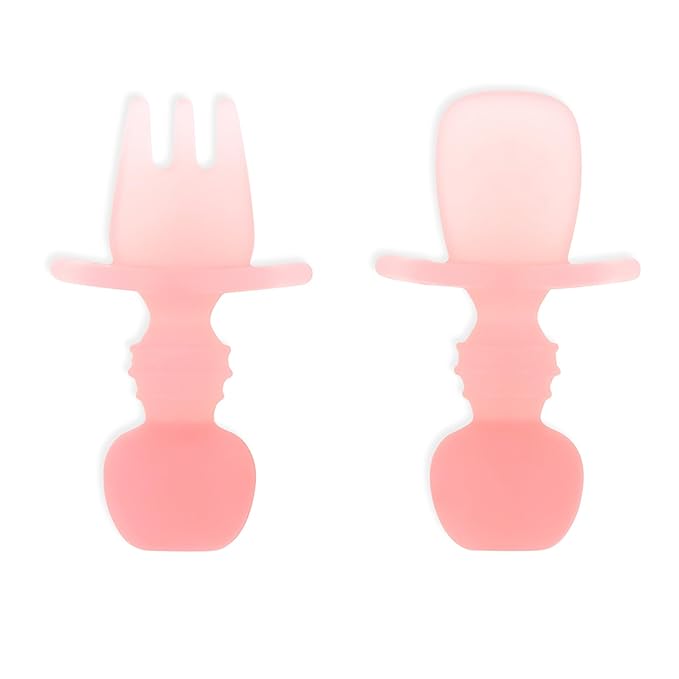 Bumkins Baby Utensils Set, Chewtensils Silicone Spoons for Dipping, Self-Feeding, Baby Led Weaning, Trainer Learning, First Stage Eating, Soft Practice Fork and Spoon, Babies 6 Months, Pink Jelly-CubbioJoy
