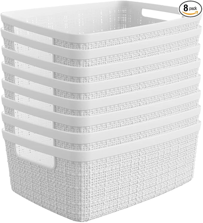 Curver Set of 8 Jute Small Decorative Plastic Organization and Storage Baskets, Perfect Bins for Home Office, Closet Shelves, Kitchen Pantry and All Bedroom Essentials-CubbioJoy
