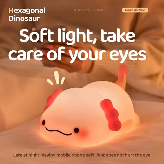 ATSUI Axolotl Night Light, LED Squishy Novelty Animal Lamp, Food Grade Silicone, 3 Level Dimmable, Breastfeeding Nursery Nightlight for Room Decor, Funny Gifts Stuff for Boys Girls Baby Children-CubbioJoy