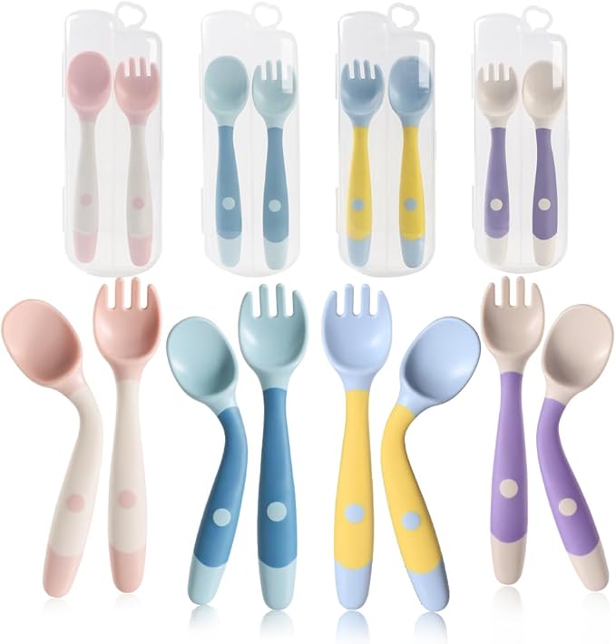 Baby Utensils Spoons and Forks Set Bendable Self-Feeding Silverware for Toddler Children with Travel Case Gum Friendly Food Grade (4 Set)-CubbioJoy