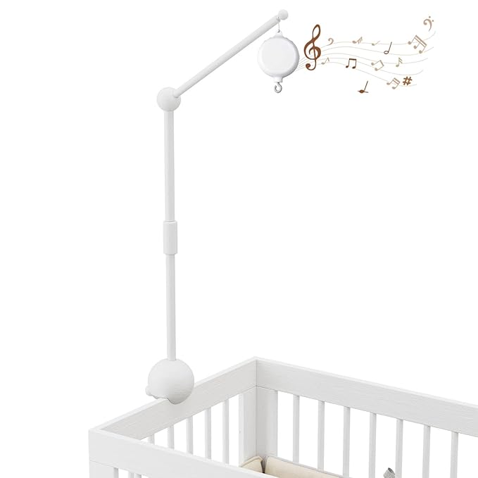 Crib Mobile Arm with Music Box,32.5 Inch White Crib Mobile Stand,Wooden Mobile Arm for Crib (2 Modes,360°Adjustable,100% Beech Wood) Baby Crib Mobile for Boy and Girl-CubbioJoy