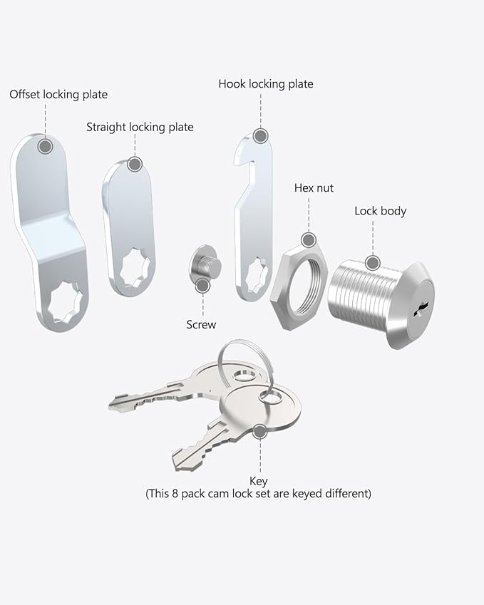 8 Packs Drawer and Cabinet Locks (Keyed Different) Secure Important Files, 5/8Inch 16mm Cam Locks with 3 pcs Different Lock Plates for Cabinet Cupboard File Drawer Mailbox Dresser Kitchen-CubbioJoy