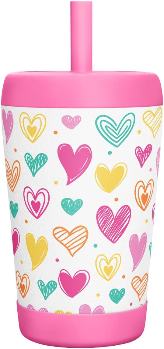 Kid Insulated Stainless Steel Tumbler with Silicone Straw, 12oz Sippy Cup for Kids (Playful Hearts)-CubbioJoy