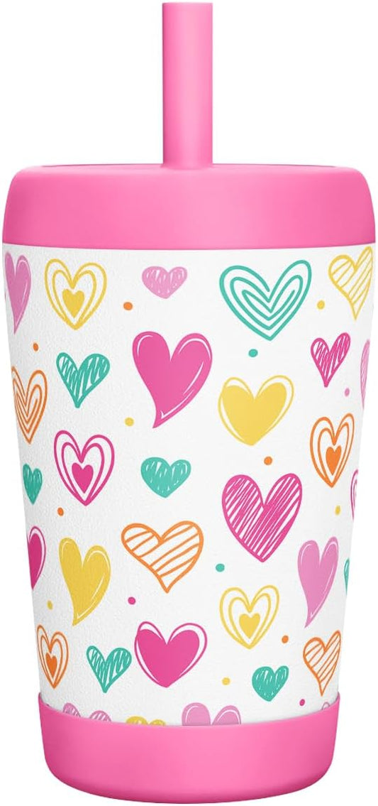 Kid Insulated Stainless Steel Tumbler with Silicone Straw, 12oz Sippy Cup for Kids (Playful Hearts)-CubbioJoy