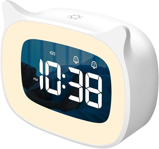 Kids Alarm Clock with Night Light & 18 Ringtones,Rechargeable,Cute Cat Ear Clock for Boys Girls Birthday Presents,Digital Clock for Children's Bedroom(White)-CubbioJoy