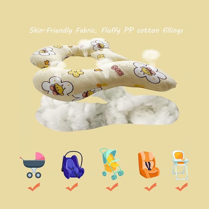 Baby Neck Pillows, Comfortable Baby Travel Head Neck Support Pillow for Car Seat Stroller Pushchair, Soft PP Cotton Travel Pillow for 0-1 Year Old Toddler Infant Newborn, Bee-CubbioJoy