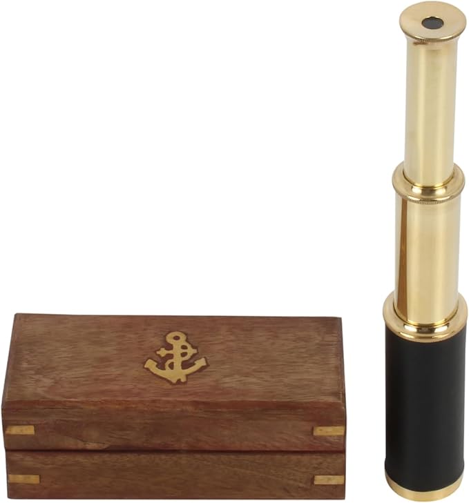 9" Pirate Telescope Handheld Brass Telescope Nautical Spyglass Monucular with Wooden Box-CubbioJoy