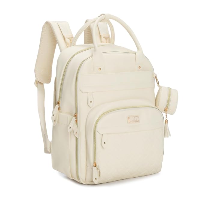 BabbleRoo Leather Diaper Bag Backpack - Baby Essentials Travel Baby Bag, Multi function, Waterproof, with Changing Pad, Stroller Straps & Pacifier Case – Unisex, Eggshell White-CubbioJoy
