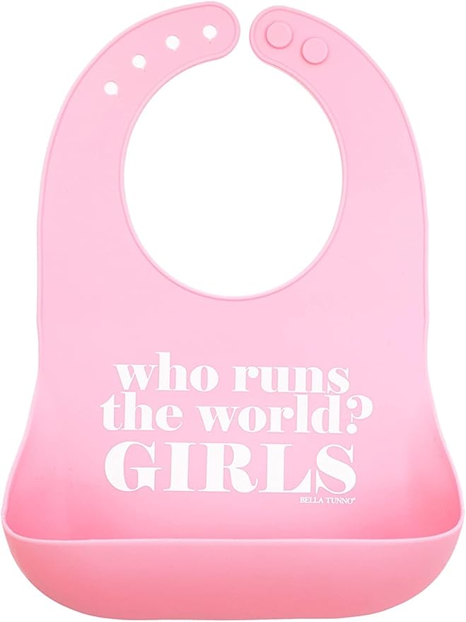Baby Bib for Eating by Bella Tunno, Waterproof Silicone Bib with Large Food Catcher, Adjustable Fit for Babies 4-12 months & Toddlers 1-3 Years, Boys & Girls, Who Runs The World-CubbioJoy