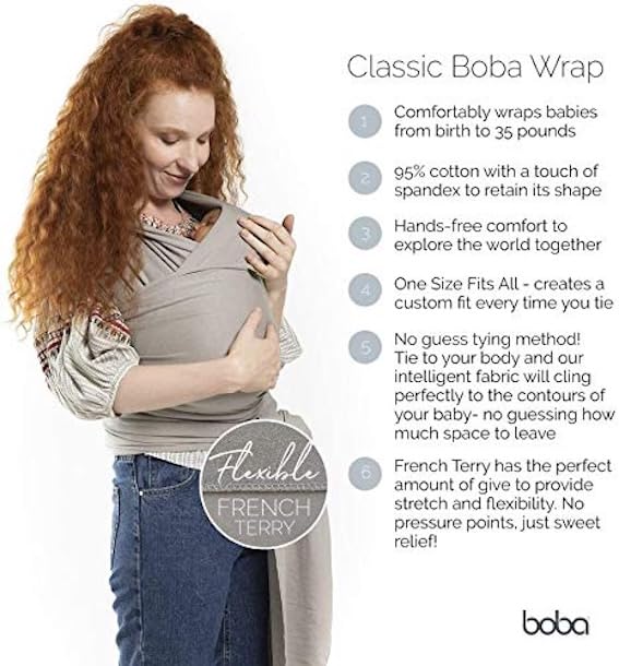 Boba Baby Wrap Carrier – Original Baby Sling Carrier for Newborns (7–35 lbs), Soft, Secure, Hands-Free & Ergonomic, Ideal for Comfortable Bonding, New Parents (Organic Dark Grey)-CubbioJoy