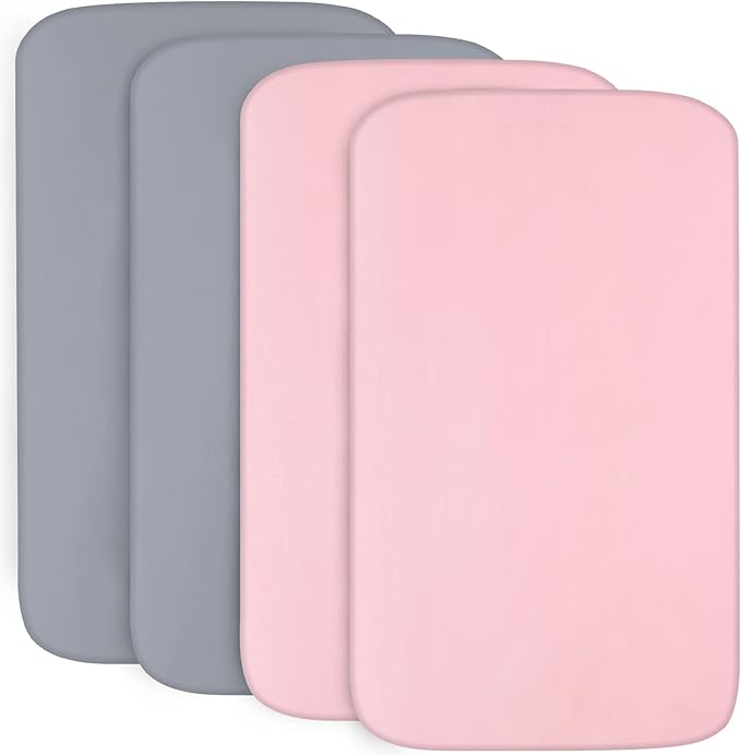 4-Pack Fitted Pack and Play Sheets for Boys and Girls - Breathable, Soft Microfiber Baby Sheets in Grey and Pink-CubbioJoy