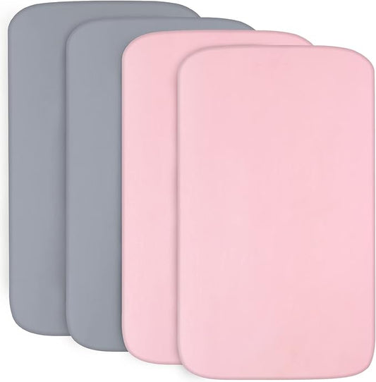 4-Pack Fitted Pack and Play Sheets for Boys and Girls - Breathable, Soft Microfiber Baby Sheets in Grey and Pink-CubbioJoy