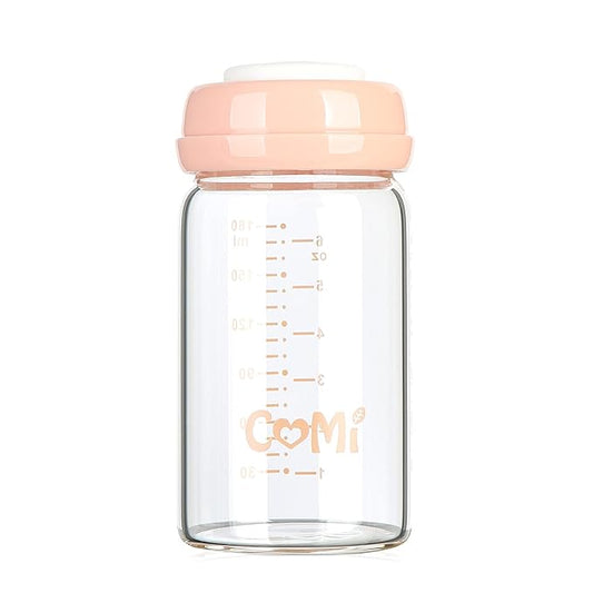 COMI Wide Neck Glass Breastmilk Collection n Storage Bottle, 6oz with Screw Ring Sealing Disk; Re-markable Sealing Disc. BPA Free, Fits Breast Pumps & Nipples (Pink Lids)-CubbioJoy