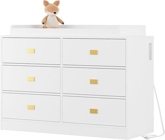 Dresser for Bedroom with 6 Drawers, Changing Table Dresser with Power Outlets, Soft Changing Pad & Removable Top, Baby Dresser with Changing Table Top for Nursery, White-CubbioJoy