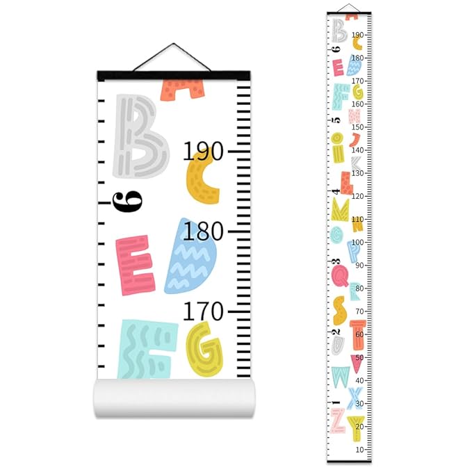 Colorful Alphabet Growth Chart for Kids Baby Height Chart Ruler Removable Canvas Wooden Frame Hanging Wall Rulers Measurement Charts for Toddler Room Nursery Decor - 79"X7.9" with Black Wood-CubbioJoy