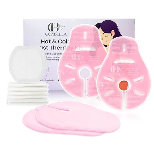 2 Larger Breast Ice Packs with Soft Covers and 6 Breast Pads for Leaking Milk, Hot and Cold Breast Therapy Packs, Breastfeeding Essentials for Relief of Clogged Ducts, Nipple Pain, Engorgement(Pink)-CubbioJoy