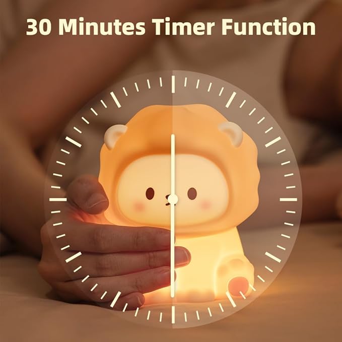 Cute Lion Night Light for Kids, Rechargeable Nursery Lamp with Timer, 3 Brightness Levels & Warm Light, Soft Silicone Baby Night Light, Tap Control, Gift for Toddlers-CubbioJoy