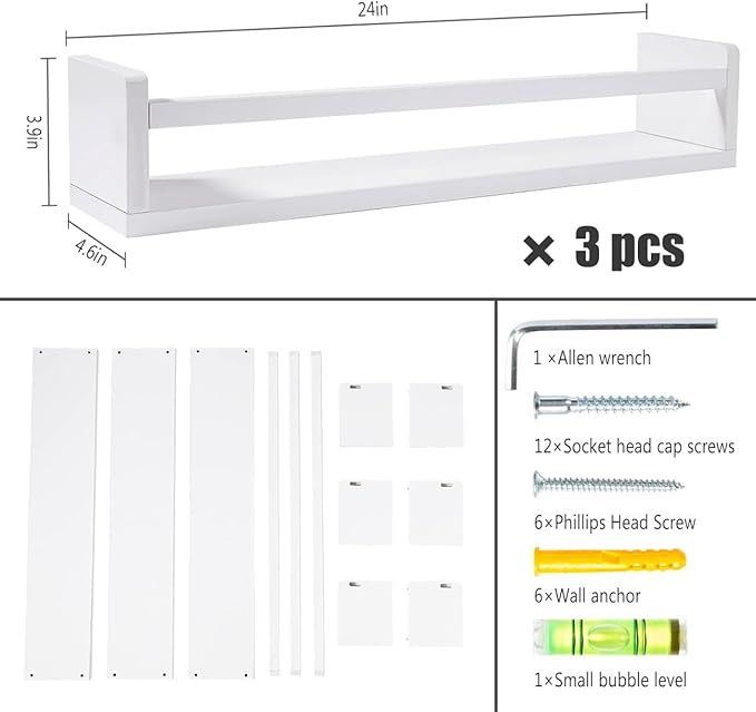 AZSKY Nursery Bookshelves White, 24 Inch Floating Bookshelves for Wall Set of 3, Baby Kids Decor, Solid Wood Wall Mounted Shelves for Books, Toys and Decor Storage-CubbioJoy