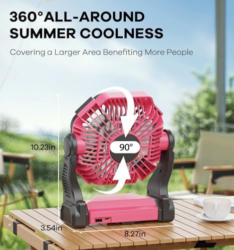15000mAh Portable Battery Powered Camping Fan - with LED Light, Quiet Battery Operated, Camping Gear for Travel, Tent, Beach, Car or Hurricane Power Outages, Pink-CubbioJoy