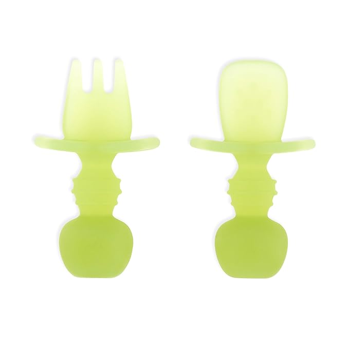 Bumkins Baby Utensils Set, Chewtensils Silicone Spoons for Dipping, Self-Feeding, Baby Led Weaning, Trainer Learning, First Stage Eating, Soft Practice Fork and Spoon, Babies 6 Months, Green Jelly-CubbioJoy