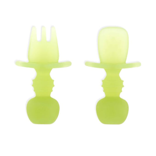 Bumkins Baby Utensils Set, Chewtensils Silicone Spoons for Dipping, Self-Feeding, Baby Led Weaning, Trainer Learning, First Stage Eating, Soft Practice Fork and Spoon, Babies 6 Months, Green Jelly-CubbioJoy