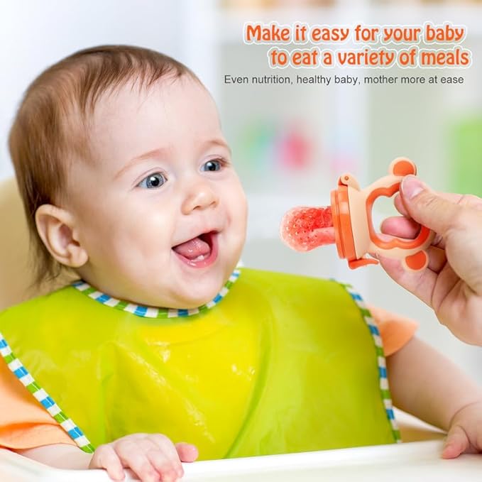 Baby Fresh Fruit Feeder Pacifier, 2 Pack HAOBAOBEI Baby Teether for Chewing, Freezable Infant Teething Toy, Teething Relief, Food Feeder with 4 Silicone Pouch, BPA Free - Monkey (Orange & Blue)-CubbioJoy