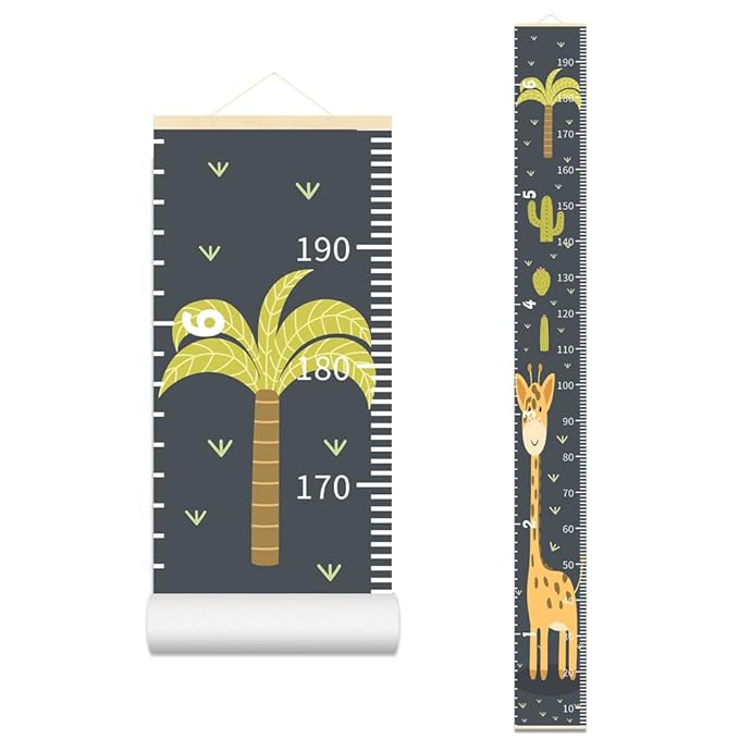 Baby Height Growth Chart - Canvas Height Chart for Kids Baby Child Toddler Boys Girls Growth Chart for Wall Room Nursery Decor Hangable and Removable Measuring Wall Ruler (Cactus Giraffe, Beige Wood)-CubbioJoy