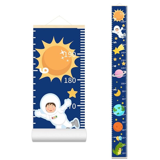 Baby Height Growth Chart - Canvas Height Chart for Kids Baby Child Toddler Boys Girls Growth Chart for Wall Room Nursery Decor Hangable and Removable Measuring Wall Ruler (Space, Beige Wood)-CubbioJoy