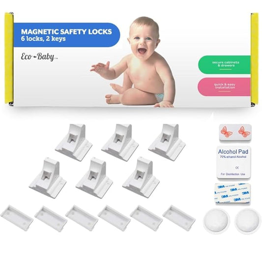 6 Pack Magnetic Cabinet Locks for Babies (with 2 Keys), Eco Baby Magnetic Baby Proofing Cabinet Locks, Child Locks for Cabinets Drawers Doors for Back to School, Easy Installation No Tools Required-CubbioJoy