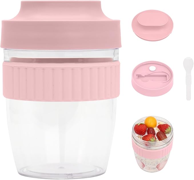 Breakfast On The Go Cups, Overnight Oats Containers With Lid And Folding Spoon, Take And Go Yogurt Cereal Snack Parfait Salad Containers For Lunch, Fruit & Vegetable Jar, 20 oz(Pink)-CubbioJoy