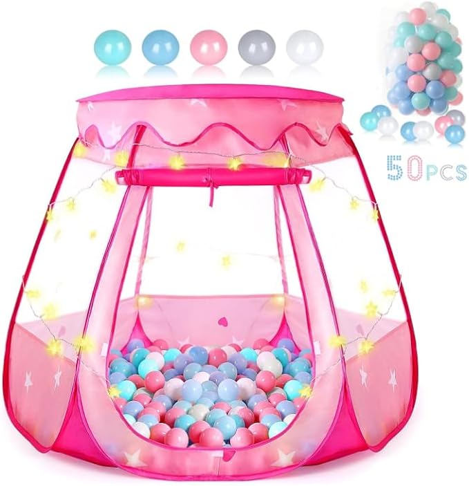 Baby Ball Pit for Toddler with 50 Balls, Pop Up Princess Tent with Star Lights for 1 2 3 Year Old Birthday Gift, 12-18 Months Baby Girl Toys with Carrying Bag, Indoor&Outdoor Play Tent for Kids-CubbioJoy