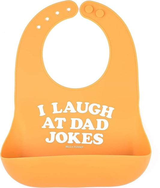 Baby Bib for Eating by Bella Tunno, Waterproof Silicone Bib with Large Food Catcher, Adjustable Fit for Babies 4-12 months & Toddlers 1-3 Years, Boys & Girls, I Laugh At Dad Jokes-CubbioJoy