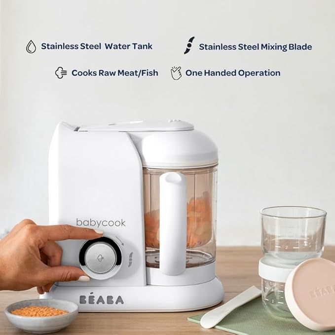 BEABA Babycook Solo 4 in 1 Baby Food Maker, Puree Steamer and Blender for Purees, Grinder with Auto Steam Cooking, Lrg Capacity 4.5 Cups 27 Servings in 20 Mins, Rose Gold-CubbioJoy